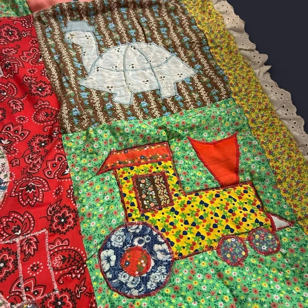 ✨ Reversible Antique Handmade Patchwork Baby Quilt –